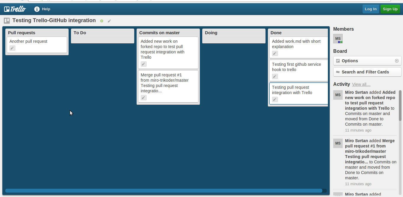 Trello board for testing integration